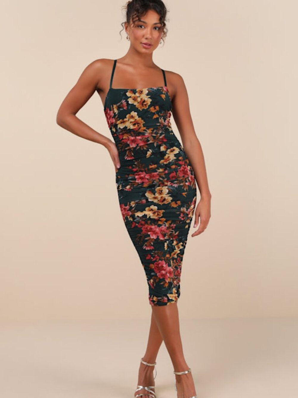 Lulus Date Night Beauty Dark Green Floral Print Mesh Ruched Midi Dress - Size M